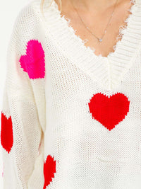 WOMEN'S LONG SLEEVE V-NECK HEART KNIT RAW EDGE PULLOVER SWEATER