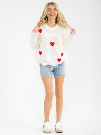WOMEN'S LONG SLEEVE FUZZY HEART KNIT RAW EDGE PULLOVER SWEATER