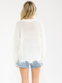 WOMEN'S LONG SLEEVE FUZZY HEART KNIT RAW EDGE PULLOVER SWEATER