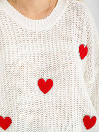 WOMEN'S LONG SLEEVE FUZZY HEART KNIT RAW EDGE PULLOVER SWEATER