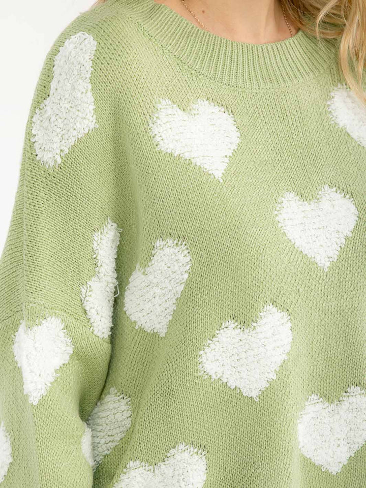 WOMEN'S LONG SLEEVE HEART PRINT DISTRESS PULLOVER SWEATER