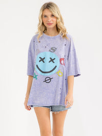 WOMEN'S SHORT SLEEVE DISTRESS GRAPHIC WASHED TOP