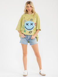 WOMEN'S SHORT SLEEVE DISTRESS GRAPHIC WASHED TOP