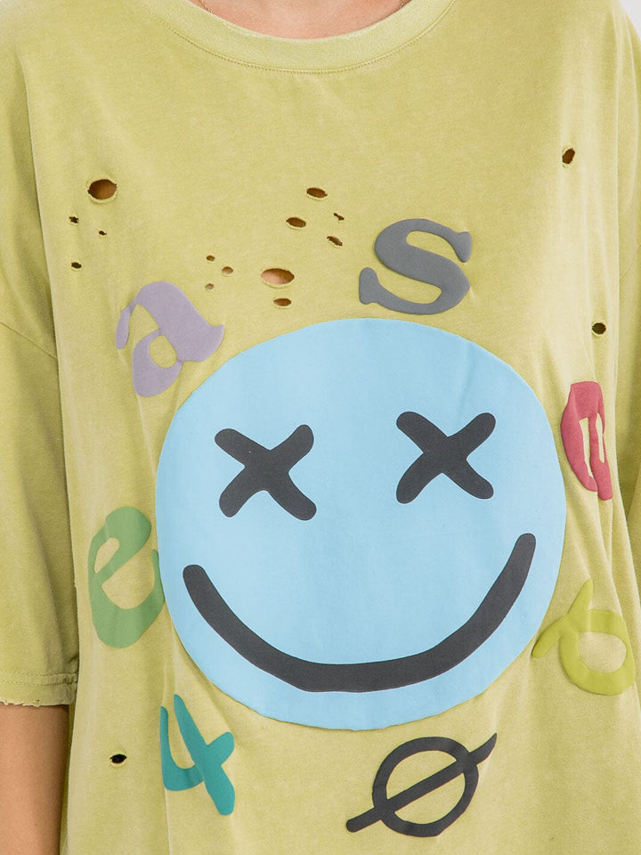 WOMEN'S SHORT SLEEVE DISTRESS GRAPHIC WASHED TOP