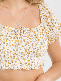 WOMEN'S SHORT PUFF SLEEVE SQUARE NECK SMOCK FLORAL CROP TOP