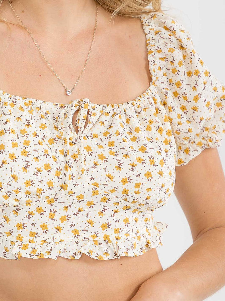 WOMEN'S SHORT PUFF SLEEVE SQUARE NECK SMOCK FLORAL CROP TOP