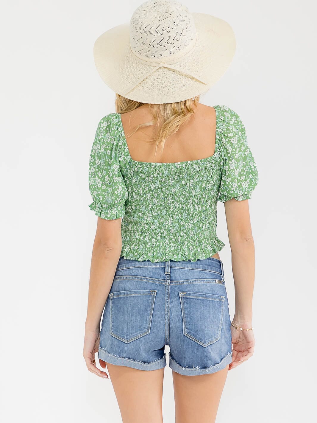 WOMEN'S SHORT PUFF SLEEVE SQUARE NECK SMOCK FLORAL CROP TOP