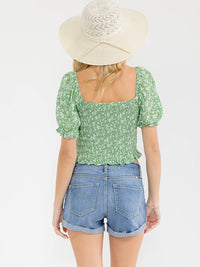 WOMEN'S SHORT PUFF SLEEVE SQUARE NECK SMOCK FLORAL CROP TOP