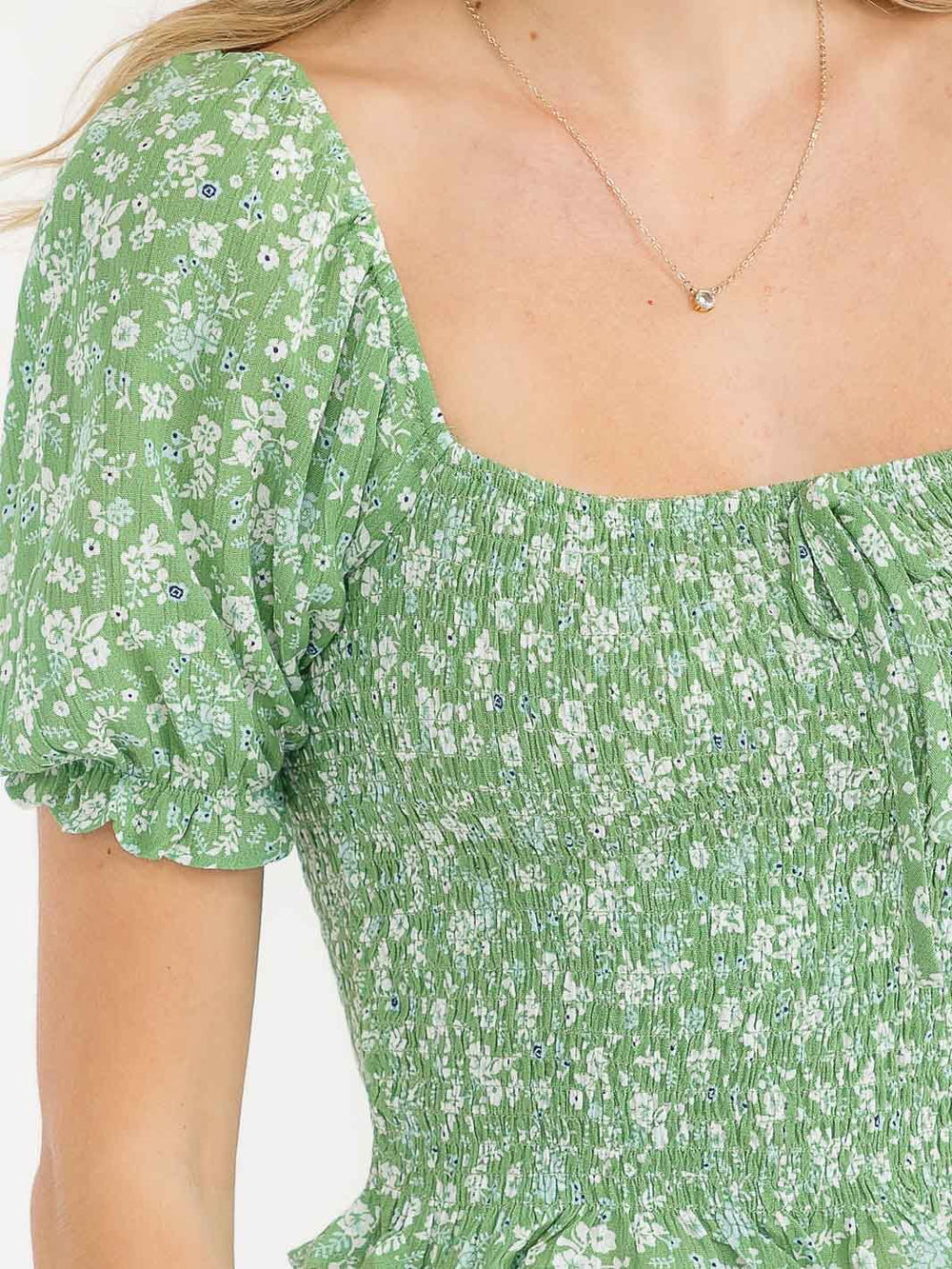 WOMEN'S SHORT PUFF SLEEVE SQUARE NECK SMOCK FLORAL CROP TOP