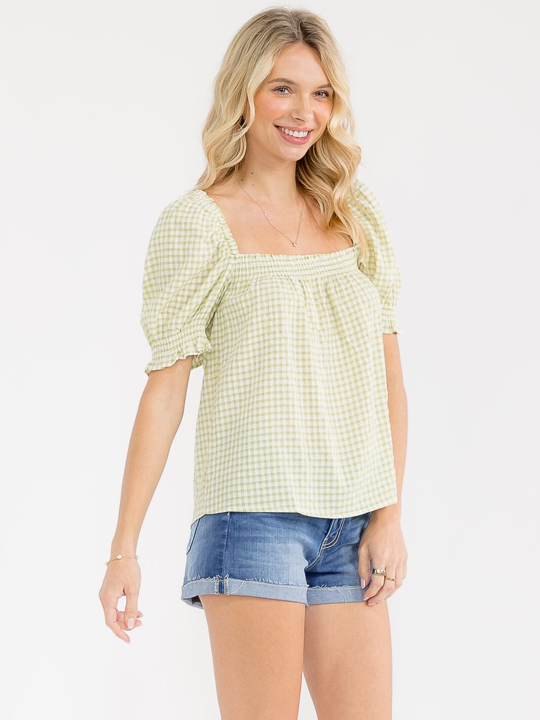 WOMEN'S SHORT PUFF SLEEVE SQUARE NECK SMOCK PLAID TOP