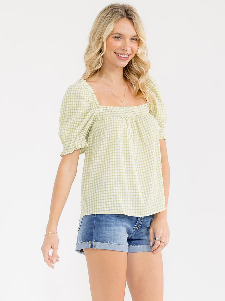 WOMEN'S SHORT PUFF SLEEVE SQUARE NECK SMOCK PLAID TOP