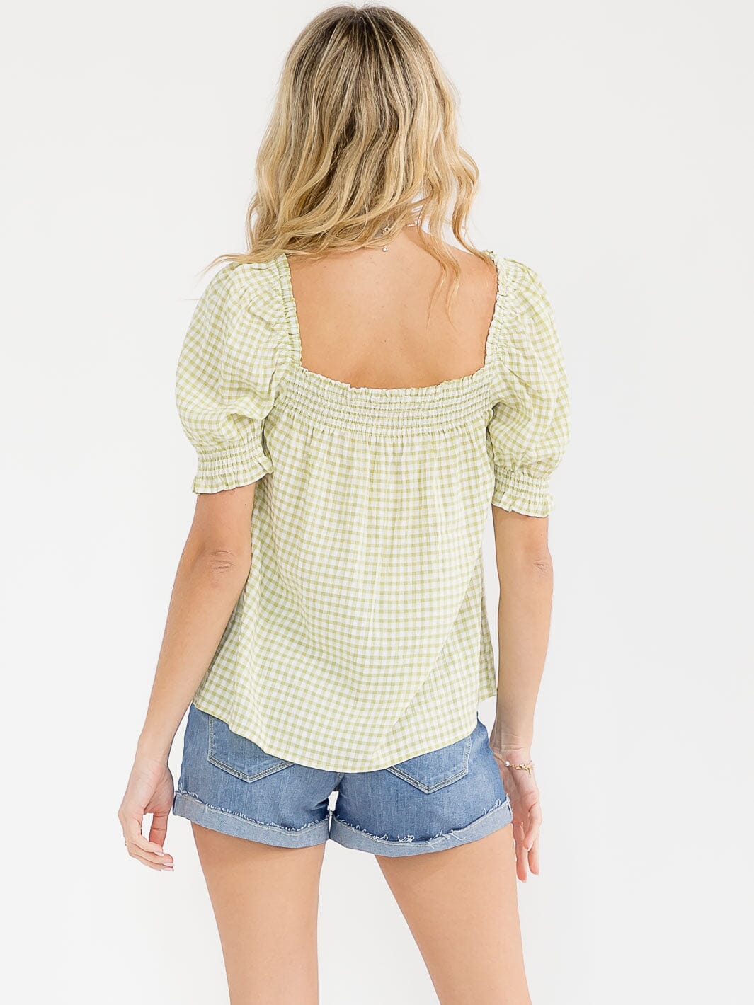 WOMEN'S SHORT PUFF SLEEVE SQUARE NECK SMOCK PLAID TOP