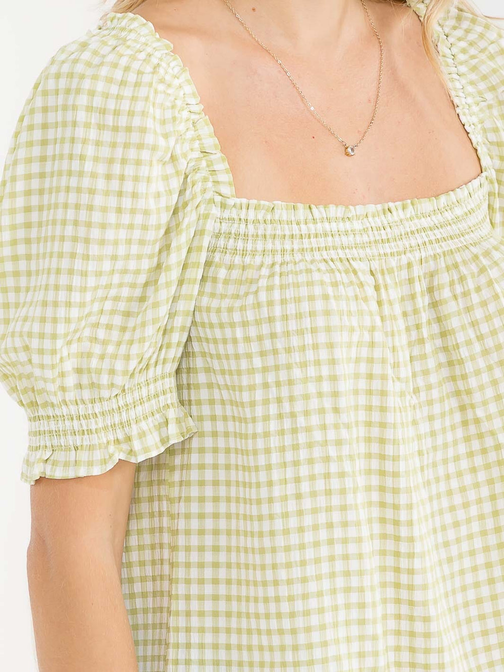 WOMEN'S SHORT PUFF SLEEVE SQUARE NECK SMOCK PLAID TOP