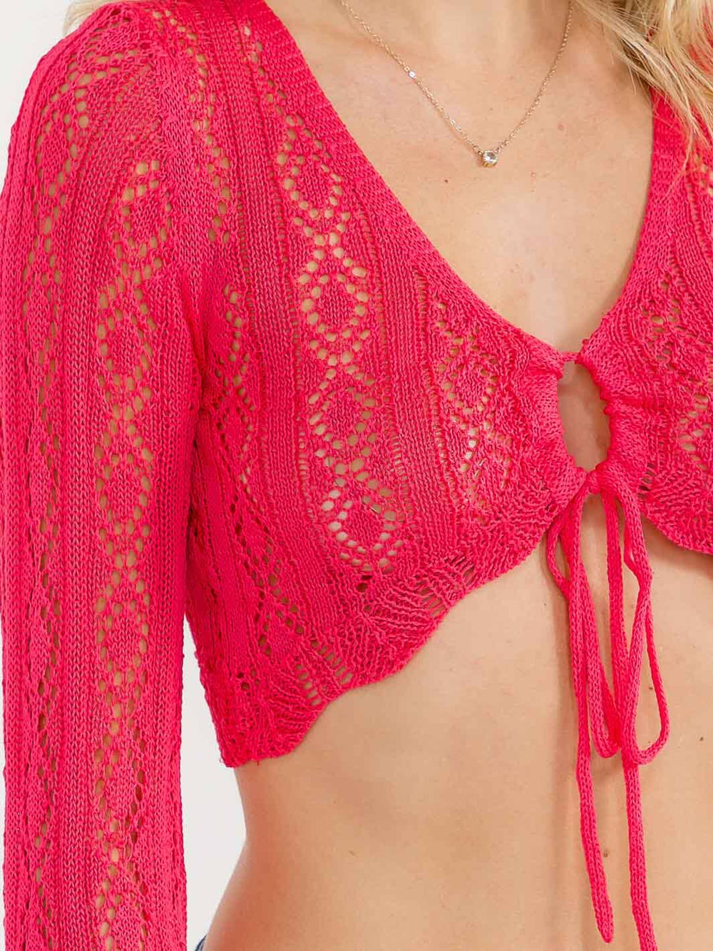 WOMEN'S LONG SLEEVE FRONT TIE KNIT CROP TOP