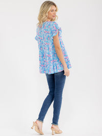 WOMEN'S SHORT RUFFLE SLEEVE TIERED FLORAL PRINT BLOUSE