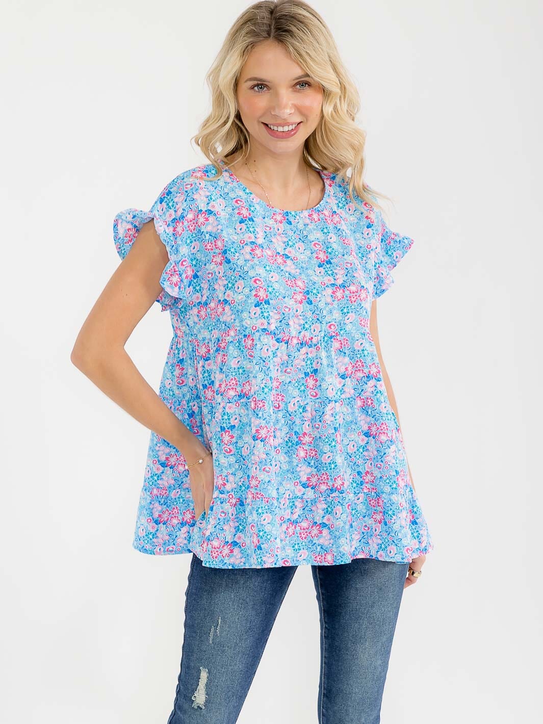 WOMEN'S SHORT RUFFLE SLEEVE TIERED FLORAL PRINT BLOUSE