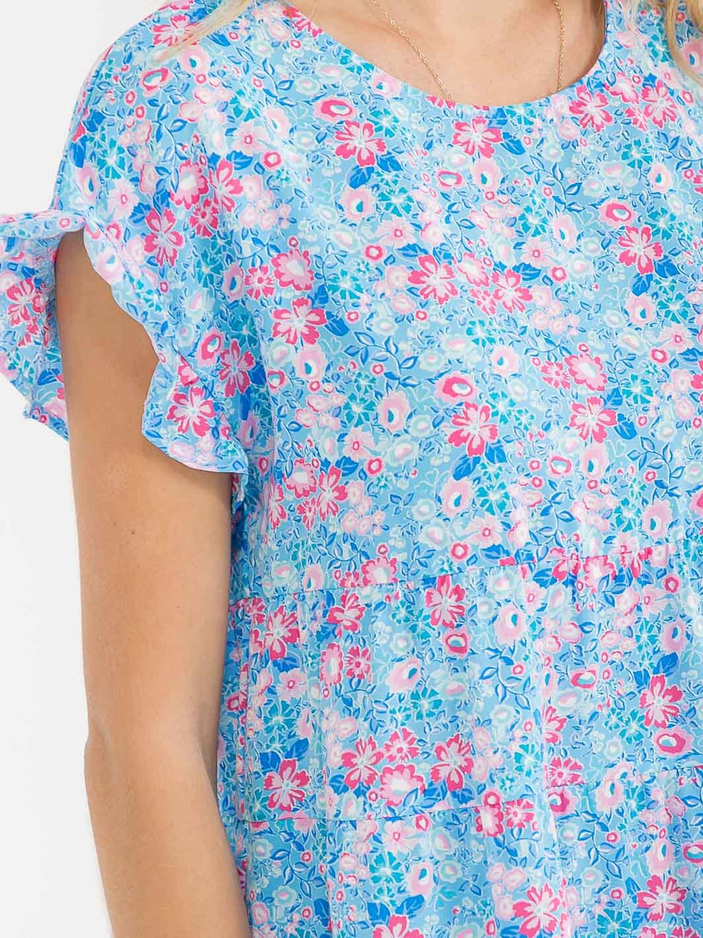 WOMEN'S SHORT RUFFLE SLEEVE TIERED FLORAL PRINT BLOUSE