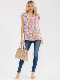 WOMEN'S SHORT RUFFLE SLEEVE V-NECK FLORAL PRINT BLOUSE
