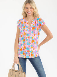 WOMEN'S SHORT RUFFLE SLEEVE V-NECK FLORAL PRINT BLOUSE