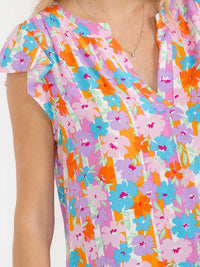 WOMEN'S SHORT RUFFLE SLEEVE V-NECK FLORAL PRINT BLOUSE