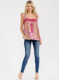 WOMEN'S RUFFLE SLEEVE SQUARE NECK FLORAL PRINT EMBROIDERY TANK TOP