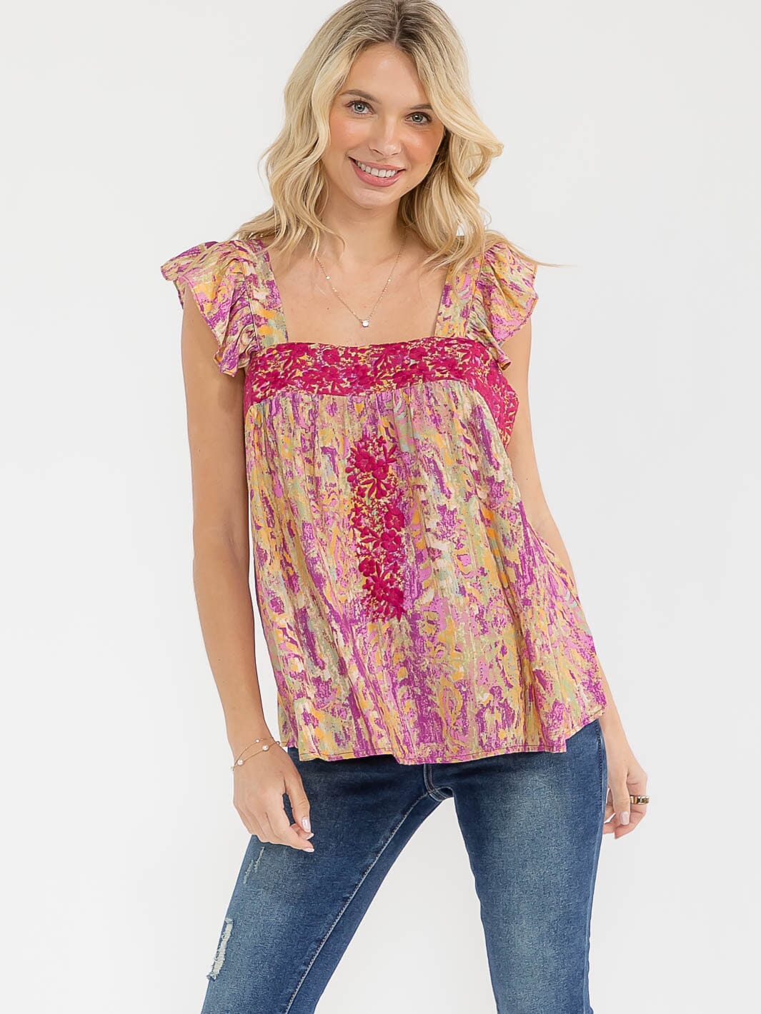 WOMEN'S RUFFLE SLEEVE SQUARE NECK FLORAL PRINT EMBROIDERY TANK TOP