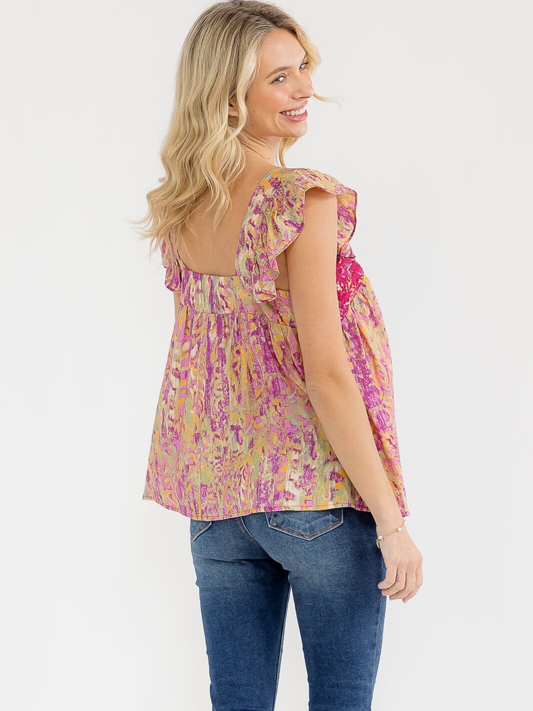 WOMEN'S RUFFLE SLEEVE SQUARE NECK FLORAL PRINT EMBROIDERY TANK TOP
