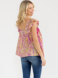 WOMEN'S RUFFLE SLEEVE SQUARE NECK FLORAL PRINT EMBROIDERY TANK TOP
