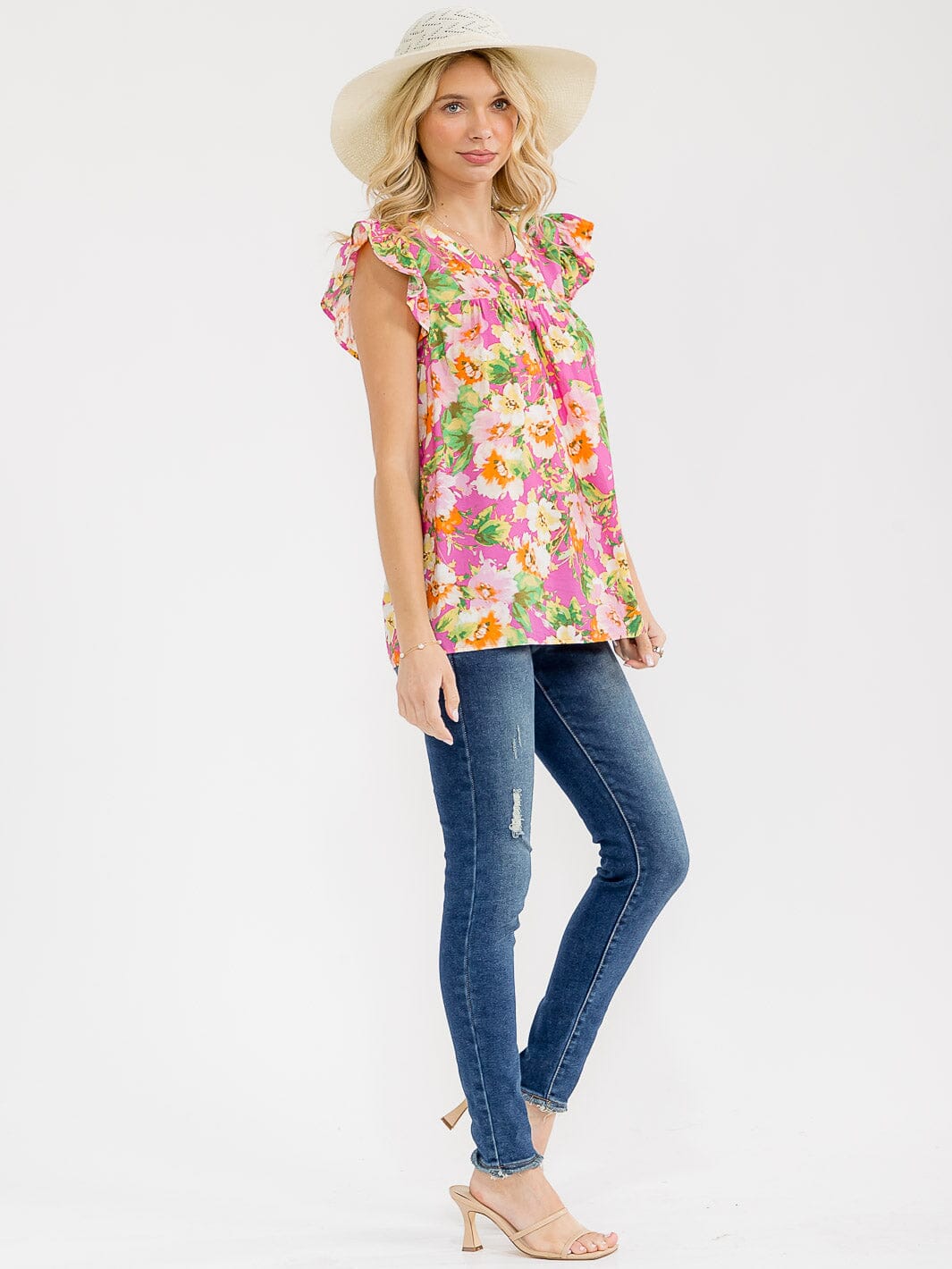 WOMEN'S RUFFLE SLEEVE V-NECK FLORAL PRINT BLOUSE