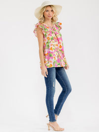 WOMEN'S RUFFLE SLEEVE V-NECK FLORAL PRINT BLOUSE