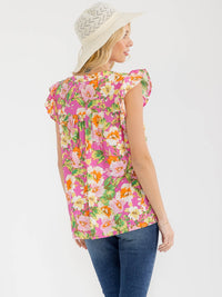 WOMEN'S RUFFLE SLEEVE V-NECK FLORAL PRINT BLOUSE