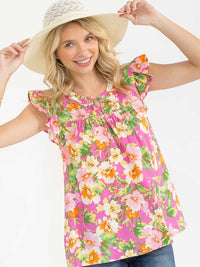 WOMEN'S RUFFLE SLEEVE V-NECK FLORAL PRINT BLOUSE