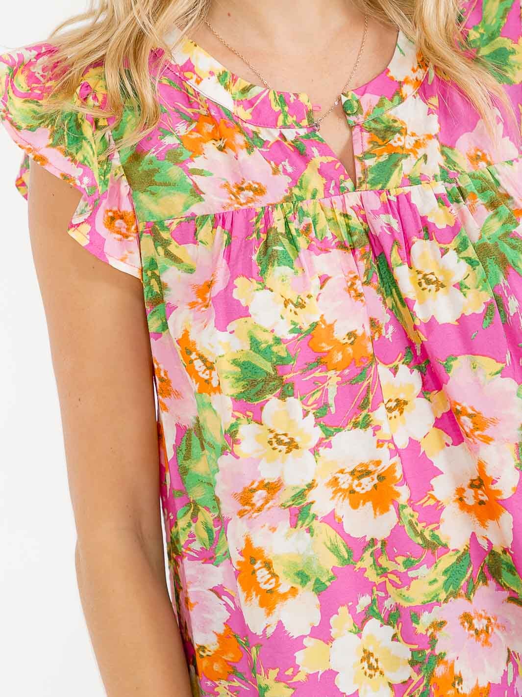 WOMEN'S RUFFLE SLEEVE V-NECK FLORAL PRINT BLOUSE