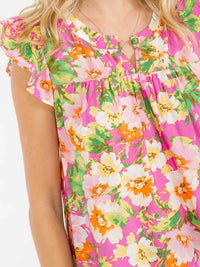 WOMEN'S RUFFLE SLEEVE V-NECK FLORAL PRINT BLOUSE