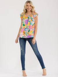 WOMEN'S RUFFLE SLEEVE FLORAL PRINT BLOUSE