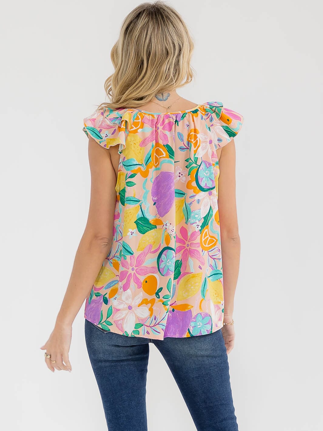 WOMEN'S RUFFLE SLEEVE FLORAL PRINT BLOUSE