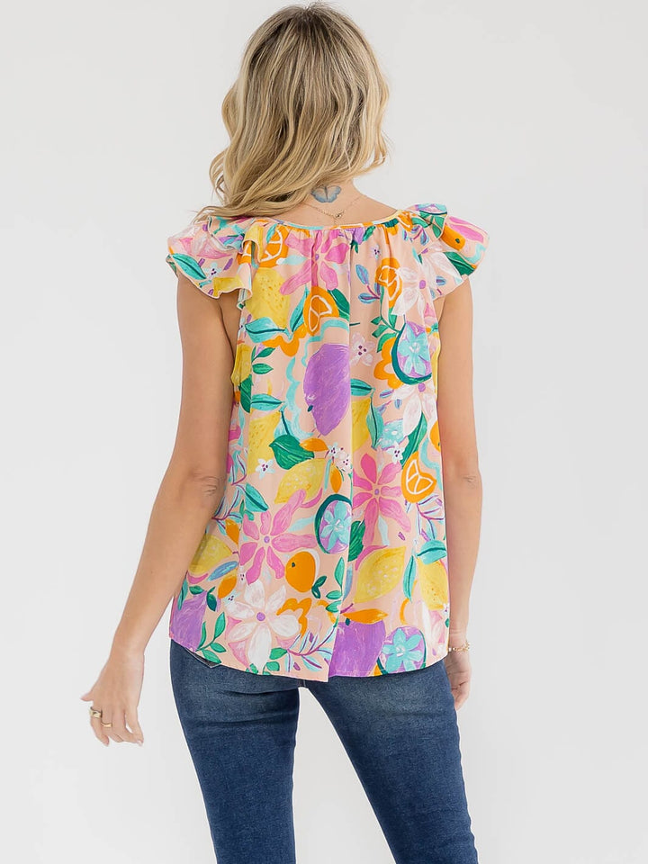 WOMEN'S RUFFLE SLEEVE FLORAL PRINT BLOUSE