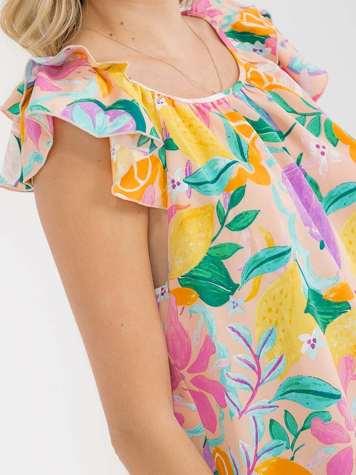 WOMEN'S RUFFLE SLEEVE FLORAL PRINT BLOUSE