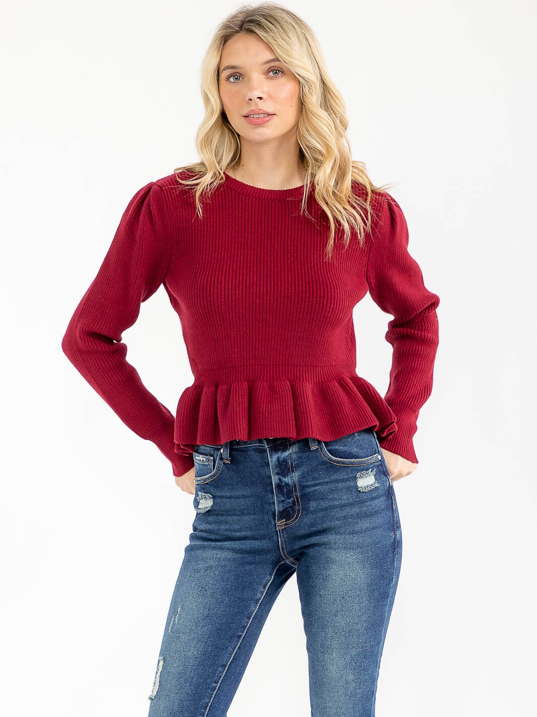 WOMEN'S LONG SLEEVE RIBBED PEPLUM TOP
