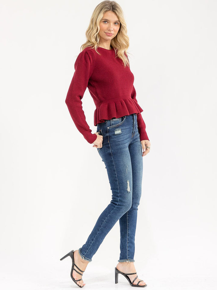 WOMEN'S LONG SLEEVE RIBBED PEPLUM TOP