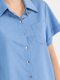 WOMEN'S SHORT SLEEVE BUTTON UP FRONT POCKET CHAMBRAY BLOUSE