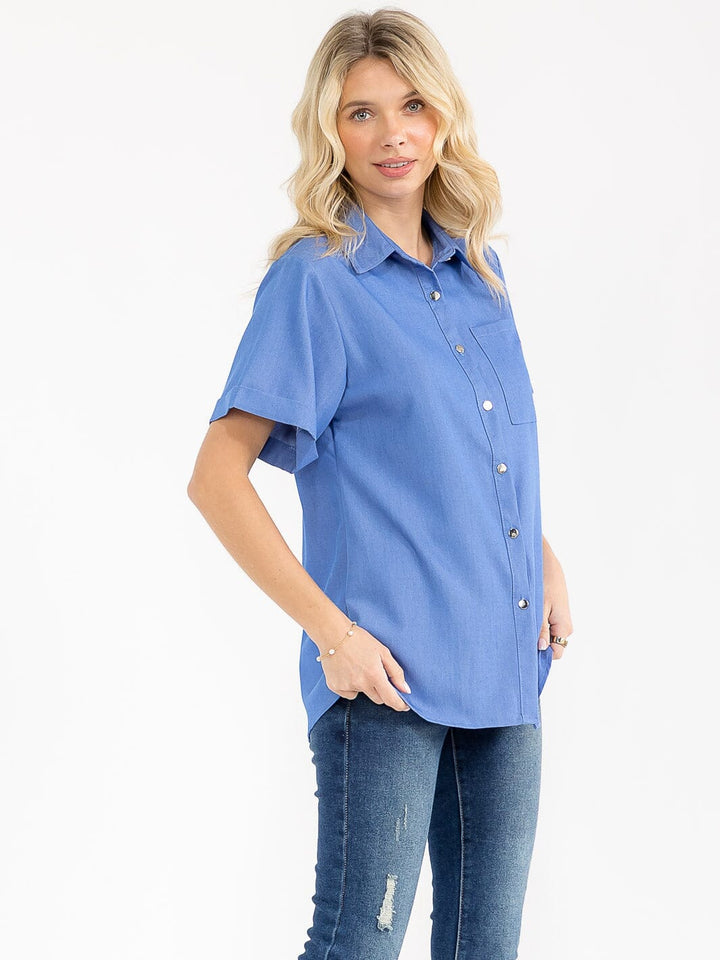 WOMEN'S SHORT SLEEVE BUTTON UP FRONT POCKET HEART BLOUSE
