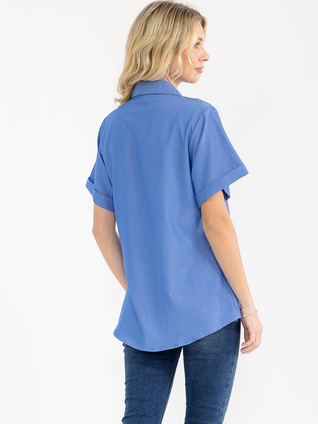 WOMEN'S SHORT SLEEVE BUTTON UP FRONT POCKET HEART BLOUSE