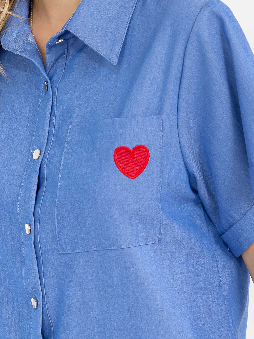 WOMEN'S SHORT SLEEVE BUTTON UP FRONT POCKET HEART BLOUSE