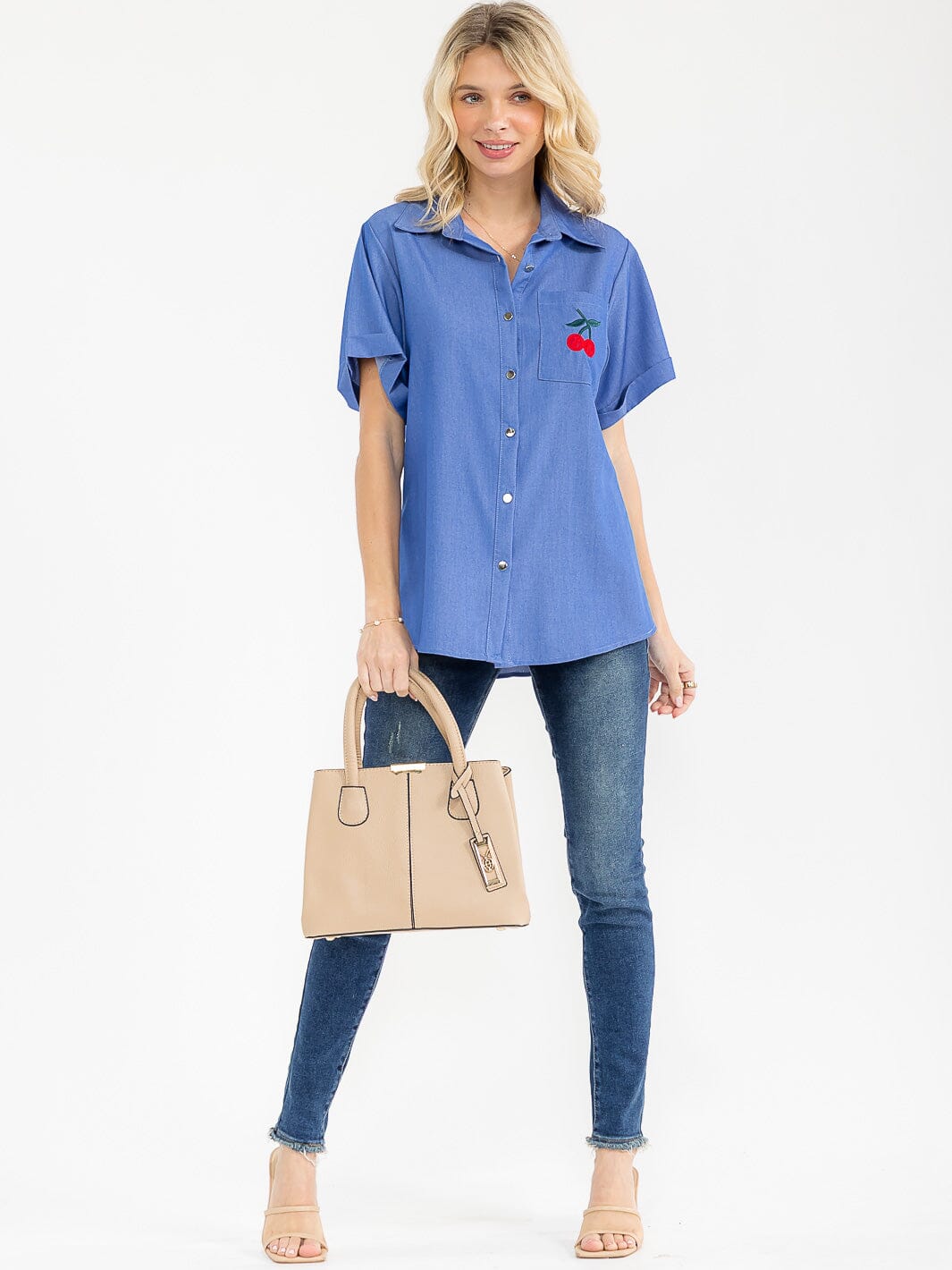 WOMEN'S SHORT SLEEVE BUTTON UP FRONT POCKET CHERRY BLOUSE