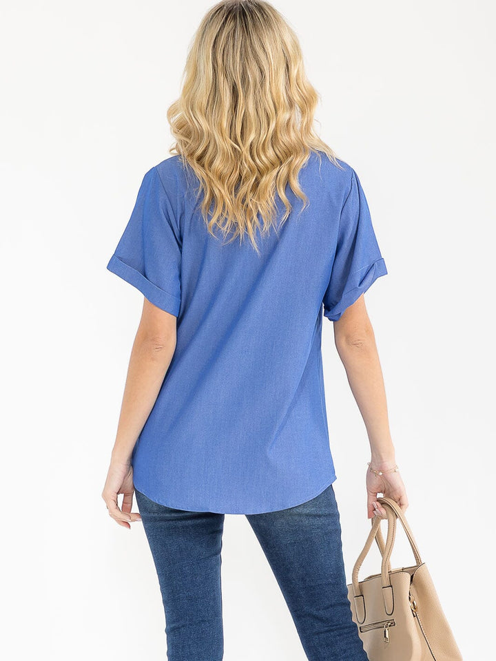 WOMEN'S SHORT SLEEVE BUTTON UP FRONT POCKET CHERRY BLOUSE