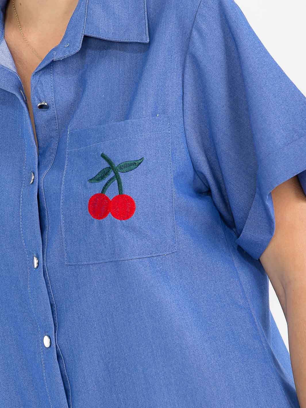 WOMEN'S SHORT SLEEVE BUTTON UP FRONT POCKET CHERRY BLOUSE