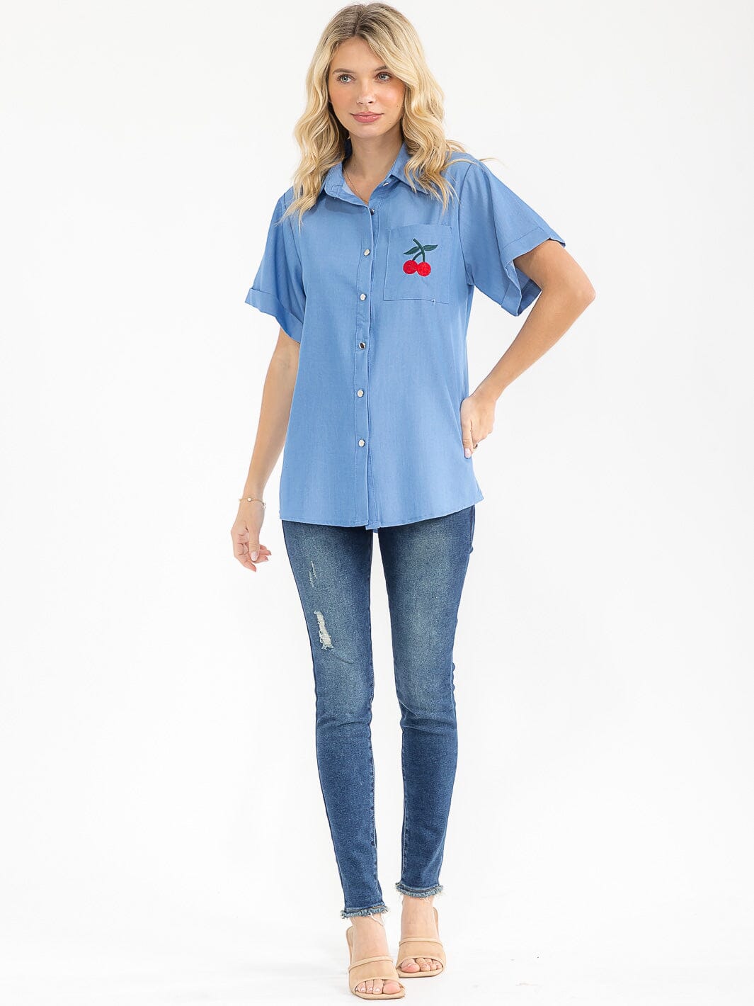 WOMEN'S SHORT SLEEVE BUTTON UP FRONT POCKET CHERRY BLOUSE
