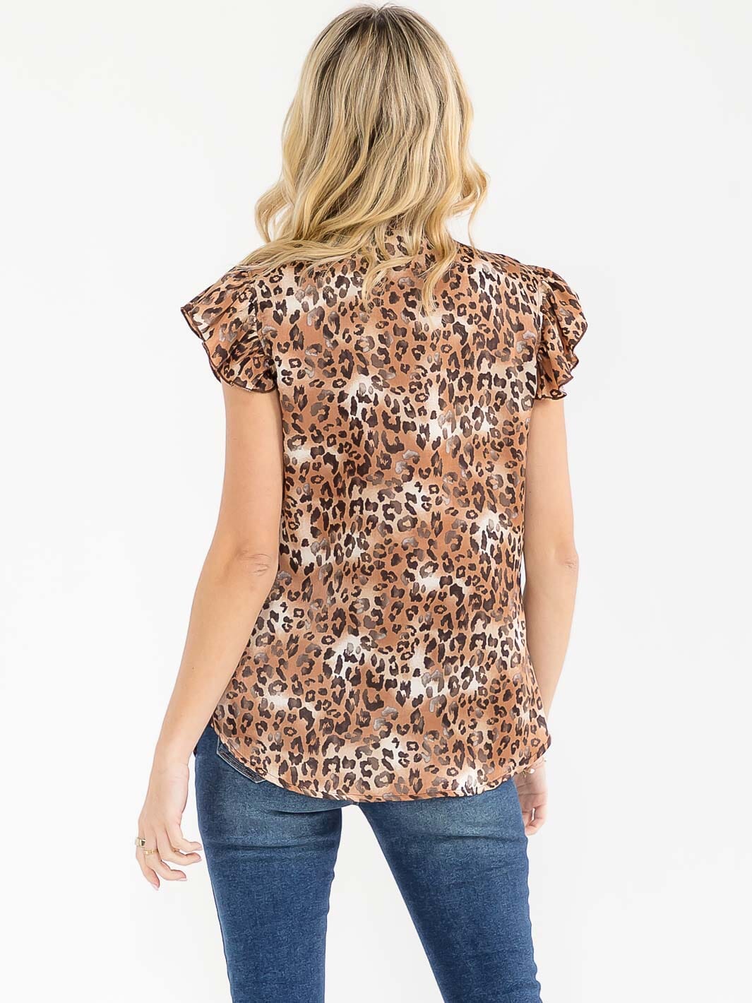 WOMEN'S SHORT SLEEVE BUTTON UP ANIMAL PRINT BLOUSE