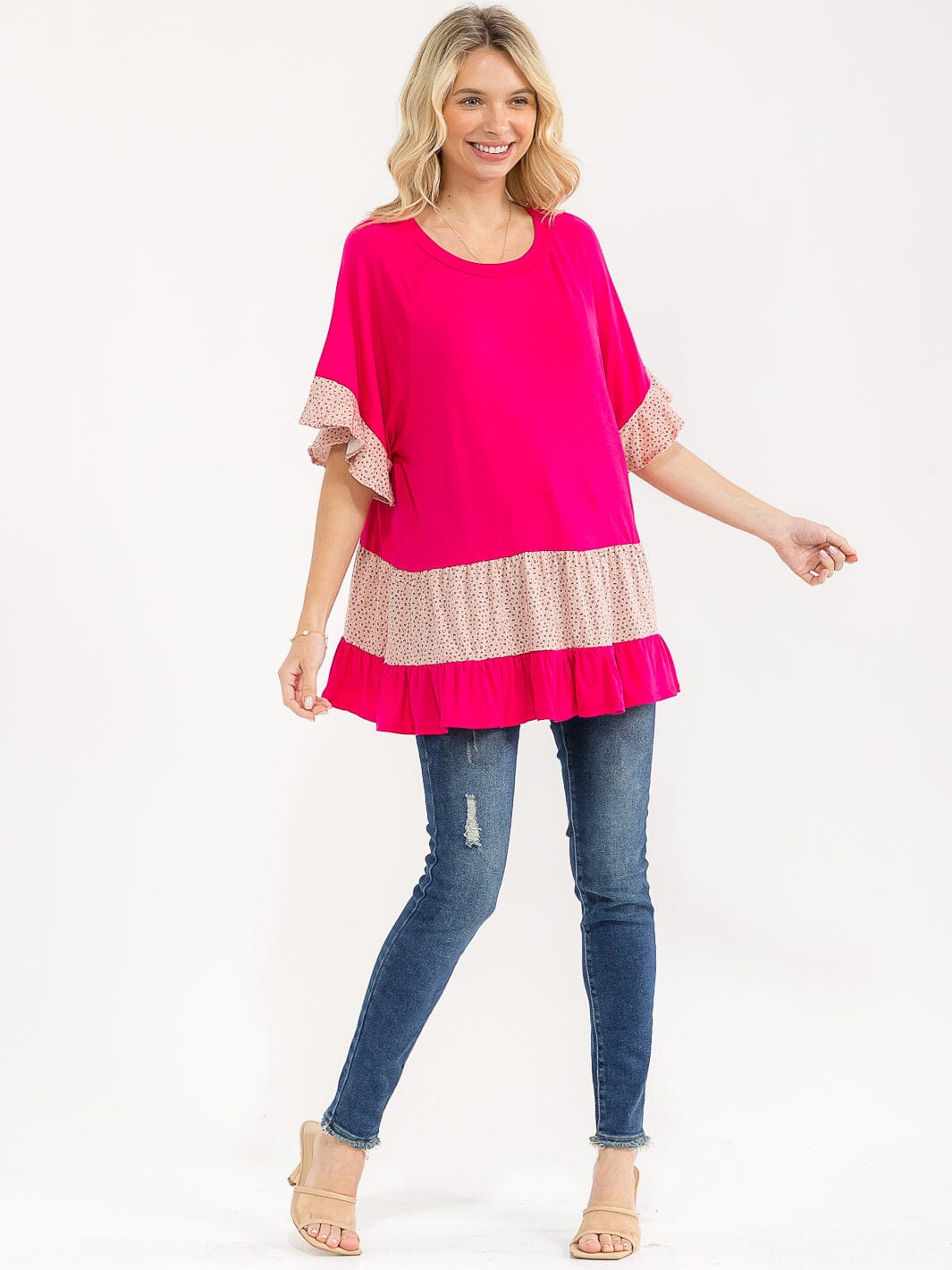 WOMEN'S SHORT SLEEVE CONTRAST ANIMAL PRINT TIERED TUNIC TOP